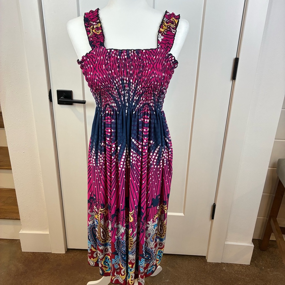 Win Win Women's Red Blue Smocked Midi Sundress Polka Dot Beach Size Small  e